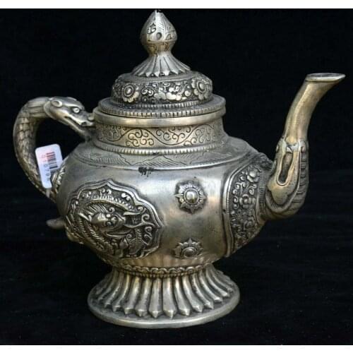 8" Old China Silver Dragon Flower Totems Wine Tea Pot Flagon Teapot Stoup Statue