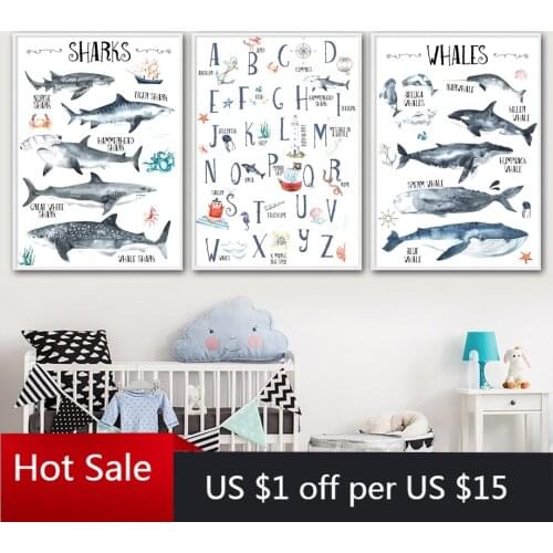 Shark whale Alphabet Marine life Nursery Wall Art Canvas Painting Posters Prints Wall Decor Pictures For Baby Girl Boy Room Deco