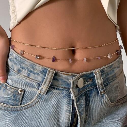 IngeSight.Z 2Pcs/Set Natural Stone Sexy Harness Belly Waist Chain Bikini for Women Gold Color Link Chain Body Jewelry Nightclub