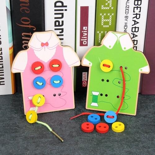 Montessori Baby Educational Wooden Toys For Children Early Learning Beads Lacing Board Toddler Sew On Buttons Teaching Aids Gift