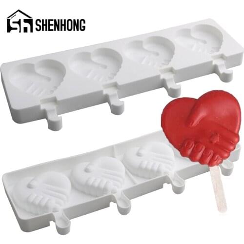 SHENHONG Heart Design Ice Cream Mold 4 Cavity Silicone Popsicle Mould Ice Cube Tray Summer Freezer Juice Tools and 50 Pcs Sticks
