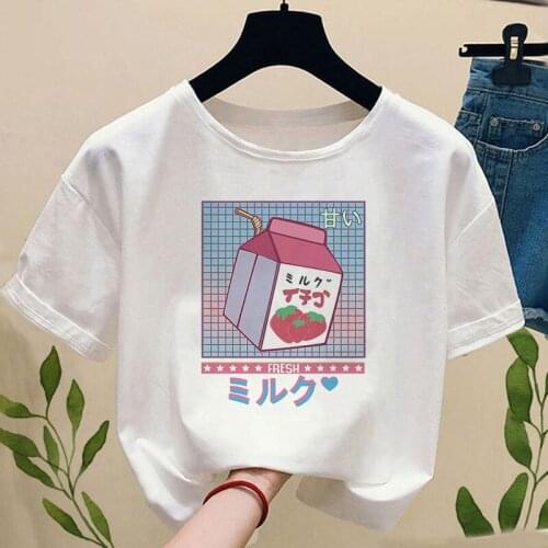 Strawberry Milk Tshirt Women Summer Harajuku Kawaii Cartoon Print Tee TShirt Casual Short Sleeve Tops Clothes Femme Korean Style