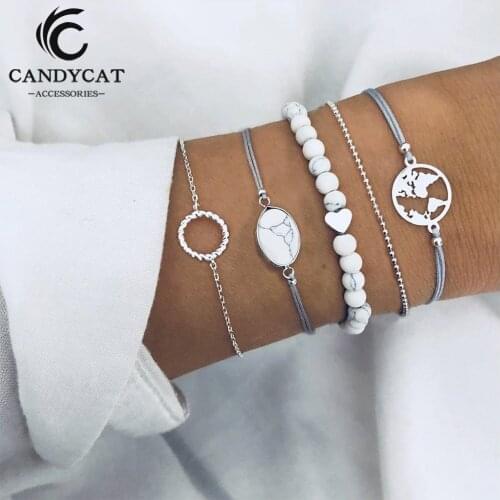 Bohemian Charm Bracelets Set Vintage Hollow Out Map Heart Chain Bracelets For Women Fashion Summer Beach Bracelets Jewelry