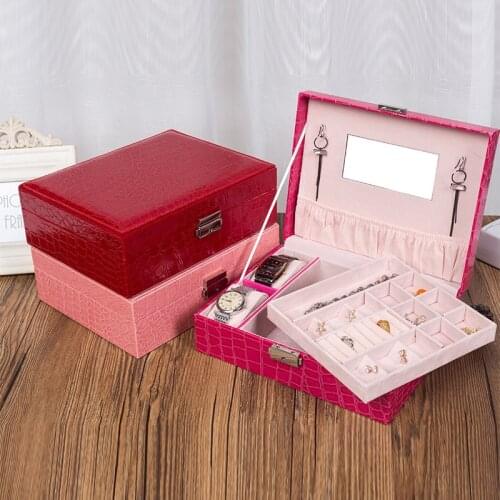 Red Pink Alligator Pattern PU Jewelry Box Large Space Double Layers Watches Bangles Necklace Rings Organizer Storage Jewel Box