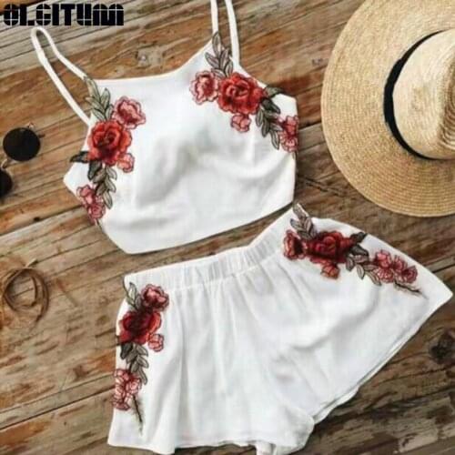 2020 Summer New Casual Women Sexy white Two-Piece Clothes Set Embroidered Floral Vest Crop Top Shorts Pants Lady Clothing Sets