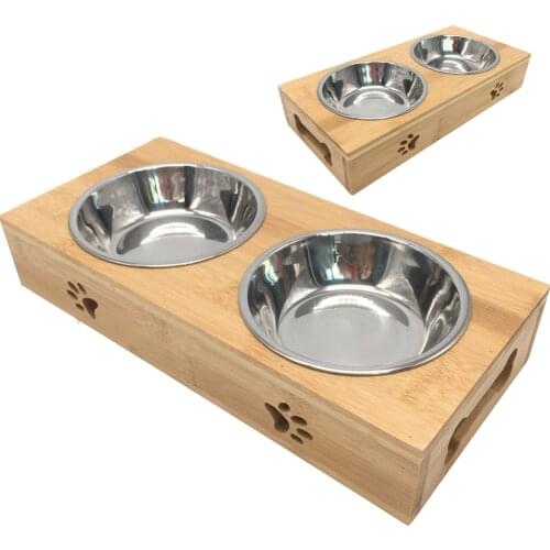 New Popular Home Pet Stainless Steel Feeding and Drinking Bowls Combination with Bamboo Frame Dog Cat Puppy Food Water Bowl
