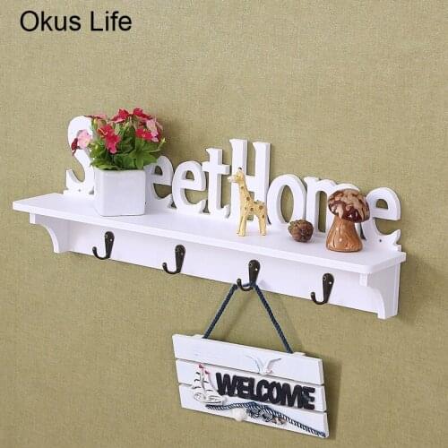 Fashion Sweet Home Wood Shelves Hat Key Holders 4 Hooks Storage Shelf Hanging Hooks Wall Mounted Rack Home Holder Storage Hanger