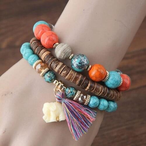 Vintage Wooden Beaded Bracelets Set Handmade Wood Beads Beige Elephant Colorful Tassel Bracelet & Bangle Bohemian Jewelry Gifts
