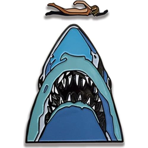 Swimming on shark mouth pin set sexy woman brooch ocean fish horror art badge summer swim sport jewelry