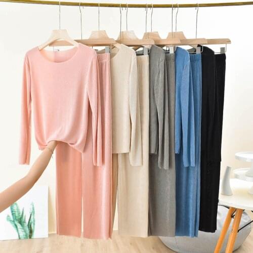 Summer and Autumn New O-Neck Long-Sleeved T-shirt+High-Waisted Wide Leg Pants Smooth supple and comfortable Homewear two pcs Set