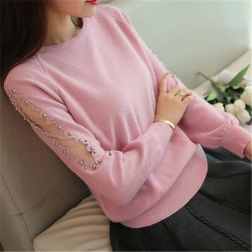 2018 New women sweater Fashion spring Autumn Hollow out Lace Beading long warm loose sweaters women Knitted pullover sweaters