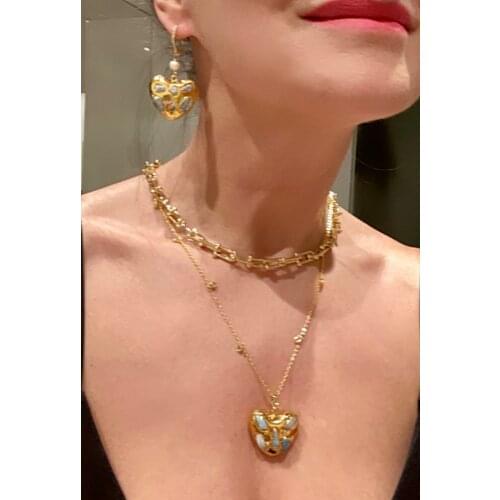 Natural Heart Shaped Blue Larimar Pendant necklace Gold color Plated Chain Layers statement Necklace 20" Gifts women