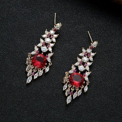 Luxury Trendy Exquisite Fashion Pendant Drop Earrings Red Stone Jewelry For Women Bridal Party Jewelry Top Level High Quality