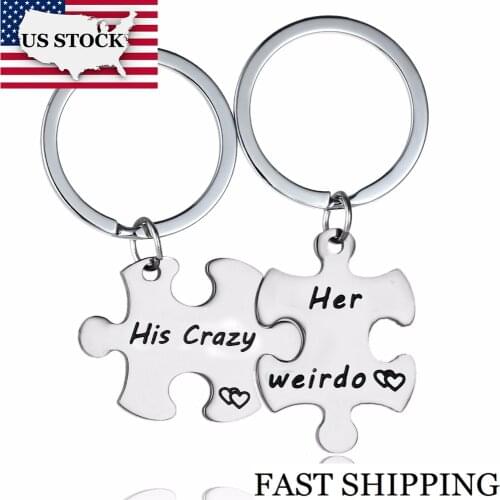 US STOCK Uloveido Fashion Trinket 2 Pcs Keychain for Men and Women "His Cryzy,Her Weirdo" Key Chain Charm Stainless Steel SN136