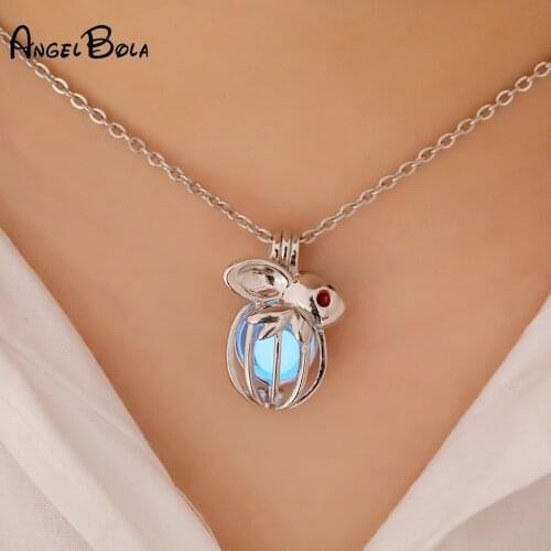 Jewelry For Women Cute Rabbit Pendants Women Jewelry ,Luminous Stone Heart Locket stainless steel Necklace Valentines Day Gift