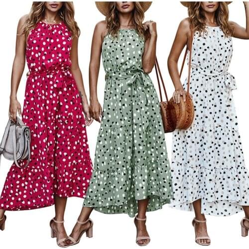 Hot Sales Summer Women Casual Sleeveless Polka Dot Print Large Hem Belted Beach Long Dress
