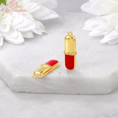 4PCS 5x19MM Hole 1MM 24K Gold Color Plated Brass with Zircon Red Lipstick Charms Pendants High Quality Diy Jewelry Accessories