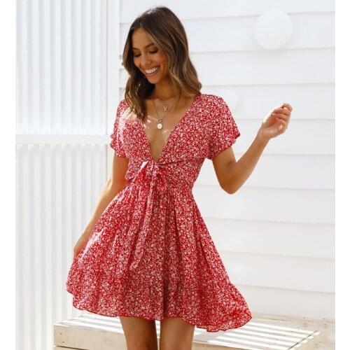 Ardm Fashion Red Floral Print Hollow Out Women Dress Tie a Knot High Waist Summer Mini Dress Vintage Ruffle Ladies Party Dress