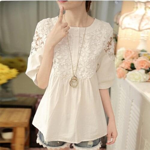 Lace Women Blouse Summer New O-Neck Short-Sleeved Slim Solid Office Lady Elegant Pulls Outwear Tops