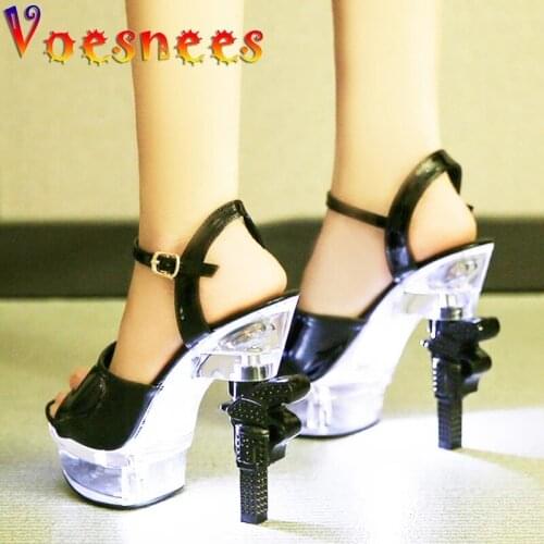 Voesnees Summer Sandals Women Patent Leather Glowing Female Shoes Rhinestone Sexy Pistol Heel New High Heels 14cm Wedding Shoes