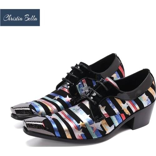 Christia Bella New Fashion Stripe Print Party Men Oxford Shoes Increase Height Mid Heel Brogue Shoes Lace Up Wedding Dress Shoes