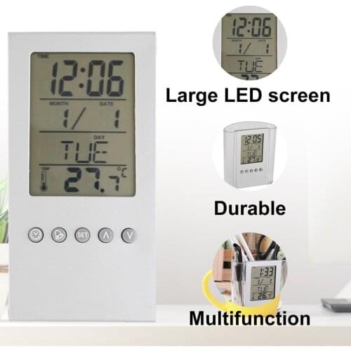 Digital Desk Pen/Pencil Holder LCD Alarm Clock Thermometer&Calendar Display