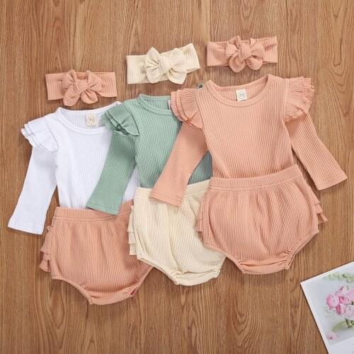 Baby Girls Knitted Suit Long Fly Sleeve Romper Ruffled Triangle Crotch Short Pants Big Bow Hairband Girls Clothes