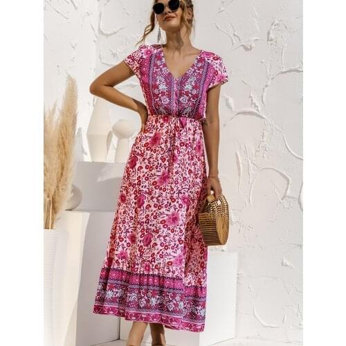 Short Sleeve Button Lace Positioning Flower Stitching Dress Summer 2021 Casual V-neck Floral Print Long Beach Dress