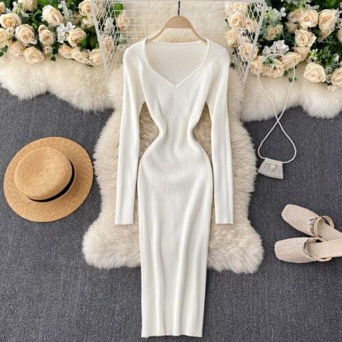 Women V Neck Ivory Knitted Dress Autumn Winter Long Sleeves Sexy Slim Elastic Bodycon Pencil Thick Warm Sweater Dress NW138