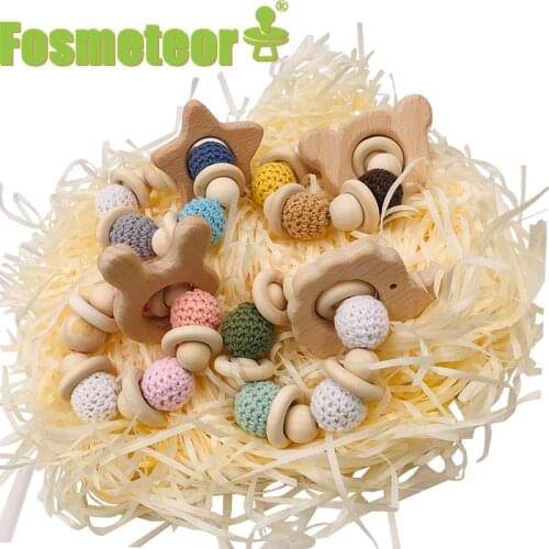 Fosmeteor Baby Care Bracelets Wooden Teether Crochet Chew Beads Teething Wooden Rattles Toy Teether Montessori Bracelets