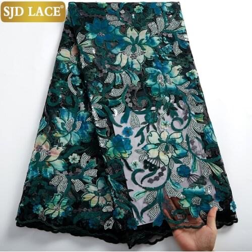 SJD LACE Green African Tulle Lace Fabric With Sequins Design French Mesh Lace Fabric High Quality 3D Flower Silk For Party A2463