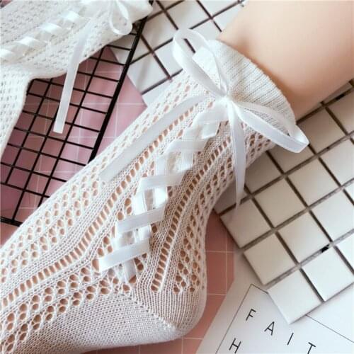 Lovely girl summer cotton Hollow out bow tape Japanese Student style lolita cosplay white/black socks