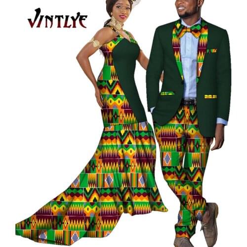 Fashion Couple Clothes African Style Ankara Couple Outfit Dashiki 2 Pcs Sets Women Halter Robe Dress and Men Blazer Suit WYQ843