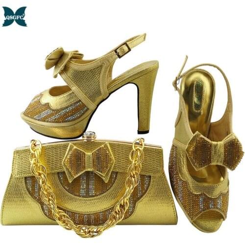 2020 Latest Gold Color Italian design Ladies Shoes and Bags To Match Set Nigerian Shoes and Matching Bag Set for Party
