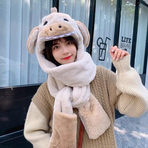 2021 new design quality wool Winter Women lambswool Hats Warm Thicken Ear Flaps snow Hats Womens Cute calf Scarf gloves hat one