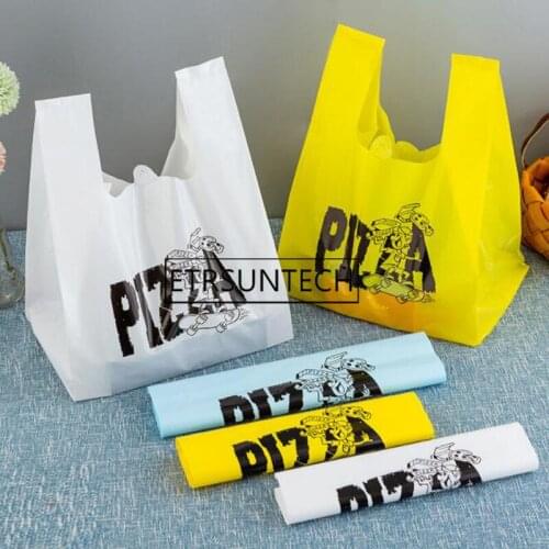 200pcs Pizza Plastic Carrier Shopping Bag With Handle Vest Take Out Bag For Food Snacks Commodity Packing Packaging