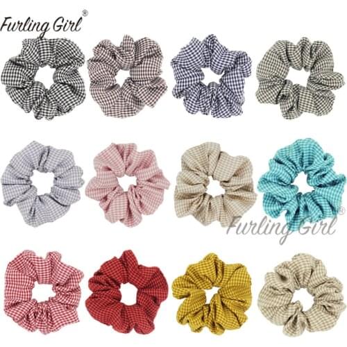 Furling Girl 1PC Double Colors Cross Plaid Elastic Hair Bands Tartan Printing Hair Scrunchies Hair Ties Gum Ponytail Holder