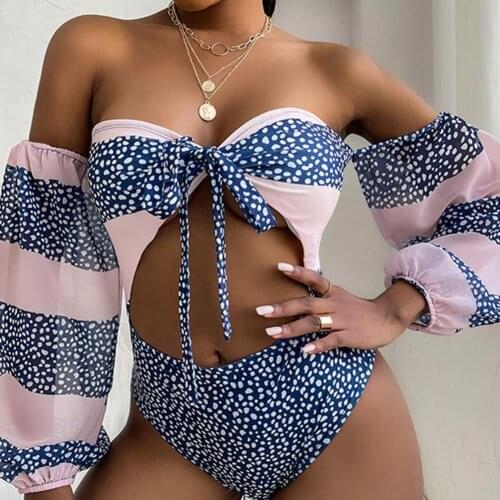 Sexy Two Pieces Trikini Swimsuit Women 2021 Backless Long Sleeve Mesh Bathing Suit Swim Suit Bandage Monokini Bikini For Women