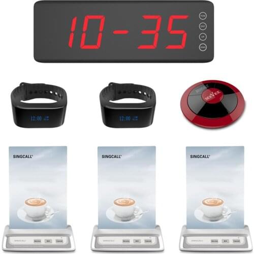 SINGCALL Calling System Bell Wireless Service 1 Screen Display Receiver, 2 Watch Receivers, 3 Menu Buttons and 1 Red Color Pager