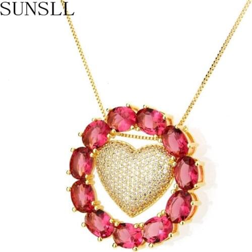 SUNSLL Gold Copper Red Cubic Zirconia Heart Pendant Necklace Womens Fashion Party Beautiful and Elegant Jewelry Pendant