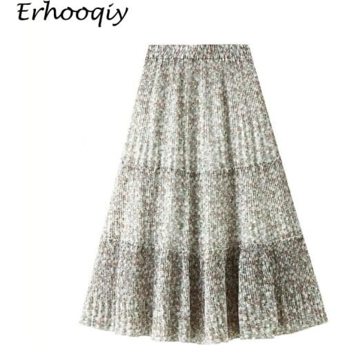 Vintage Print Floral Skirt Women Elegant Fashion Chiffon A-Line Skirts Female Spring Summer Elastic High Waist Pleated Skirt