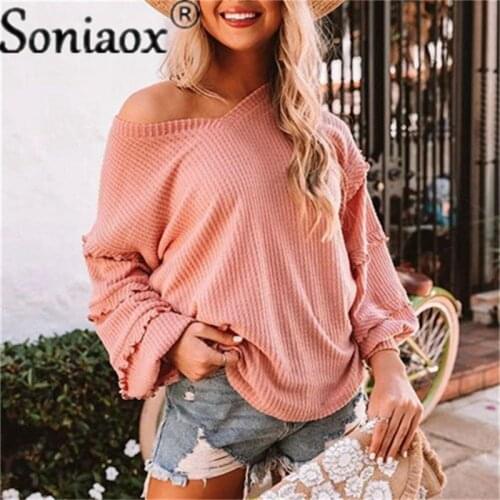 Womens Spring Autumn Waffle Shirts Patchwork Ruffle V-Neck Lantern Sleeve Blouse Ladies 2021 Casual Loose Street Clothing Tops