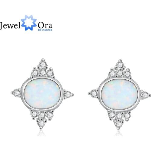 JewelOra Elegant Silver Color Created White Opal Earrings for Women Fashion Wedding Stud Earrings Summer Jewelry Accessories