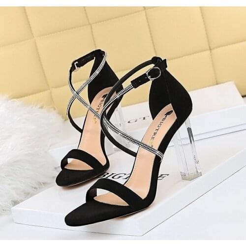 BIGTREE New Sexy Peep Toe Shallow Women Summer Shoes Fashion Cover Heel Ankle Buckle Strap Crystal Bordered Sandalias Mujer 2021