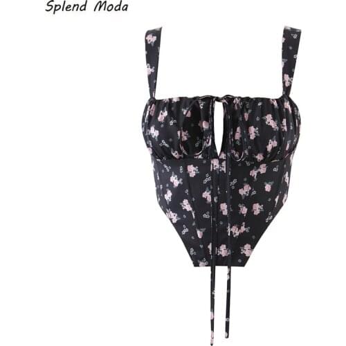 French Prairie Chic Floral Print Keel Women 2021 New Slim Lace-Up Crop Top Folds Wrap Chest Sexy Halter Camisole Women Zipper