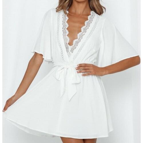 2021 Summer Beach Mini Dress Women Lace Up Spliced Sexy Deep V-neck White Dress With Belt Vestidos Fashion Casual Short Dress