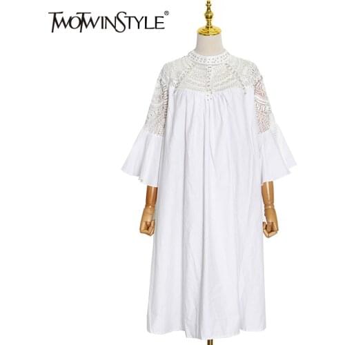 TWOTWINSTYLE Casual Loose Dress For Women Stand Collar Flare Sleeve Solid Minimalist Midi Dresses Female Fashion Clothing Summer