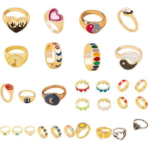 2021 New Korean Vintage Flower Heart Tai Chi Metal Rings for Women Fashion Jewelry Colorful Punk Ring Index Finger Accessories