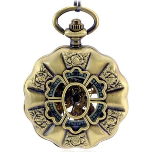 Hollow Skeleton Bronze Automatic Mechanical Pocket Watch Men Vintage Hand Wind Clock Necklace Pocket & Fob Watches With Chain