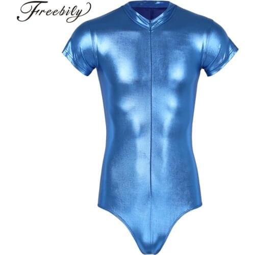 Mens Body Suit One-piece swimsuit Patent Leather High-cut Short Sleeves Zippered Leotard Bodysuit for Mens Party Nightclub